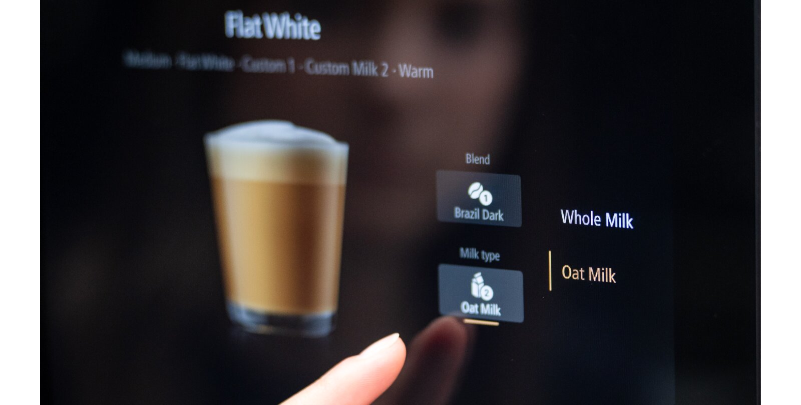 Franke Coffee Systems, coffee machine screen interface, menu, close-up customer ordering flat white, milk choice