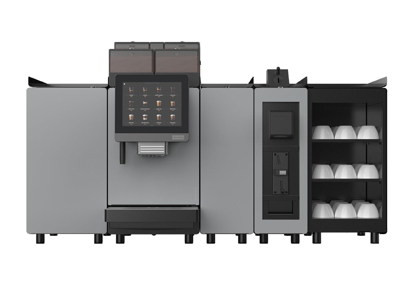 Franke Coffee Systems, fully automatic coffee machine, New A Line, front view, granite color, with milk cooling unit, flavor station, accounting system and cup warmer with cups