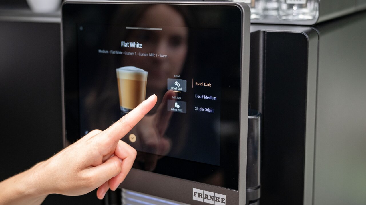 Franke Coffee Systems, coffee machine screen interface, menu with flat white roast choice