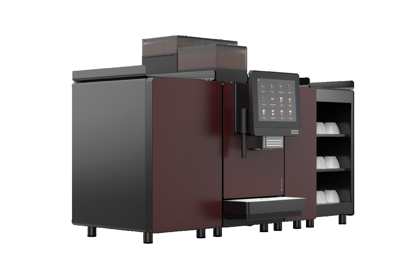 Franke Coffee Systems, fully automatic coffee machine, New A Line, side front left view, mahogany color, with milk cooling unit, flavor station and cup warmer with cups