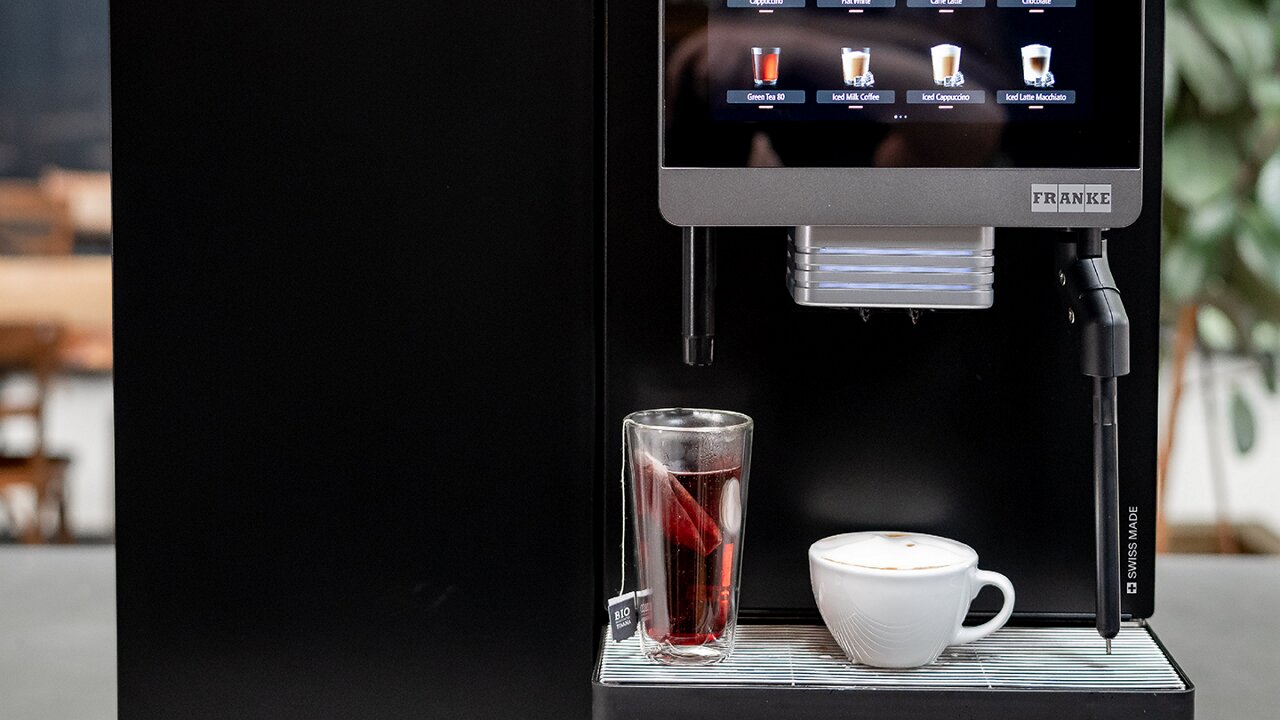 Franke Coffee Systems, fully automatic coffee machine, New A Line, cup platform with tea and cappuccino, PrecisionTemp