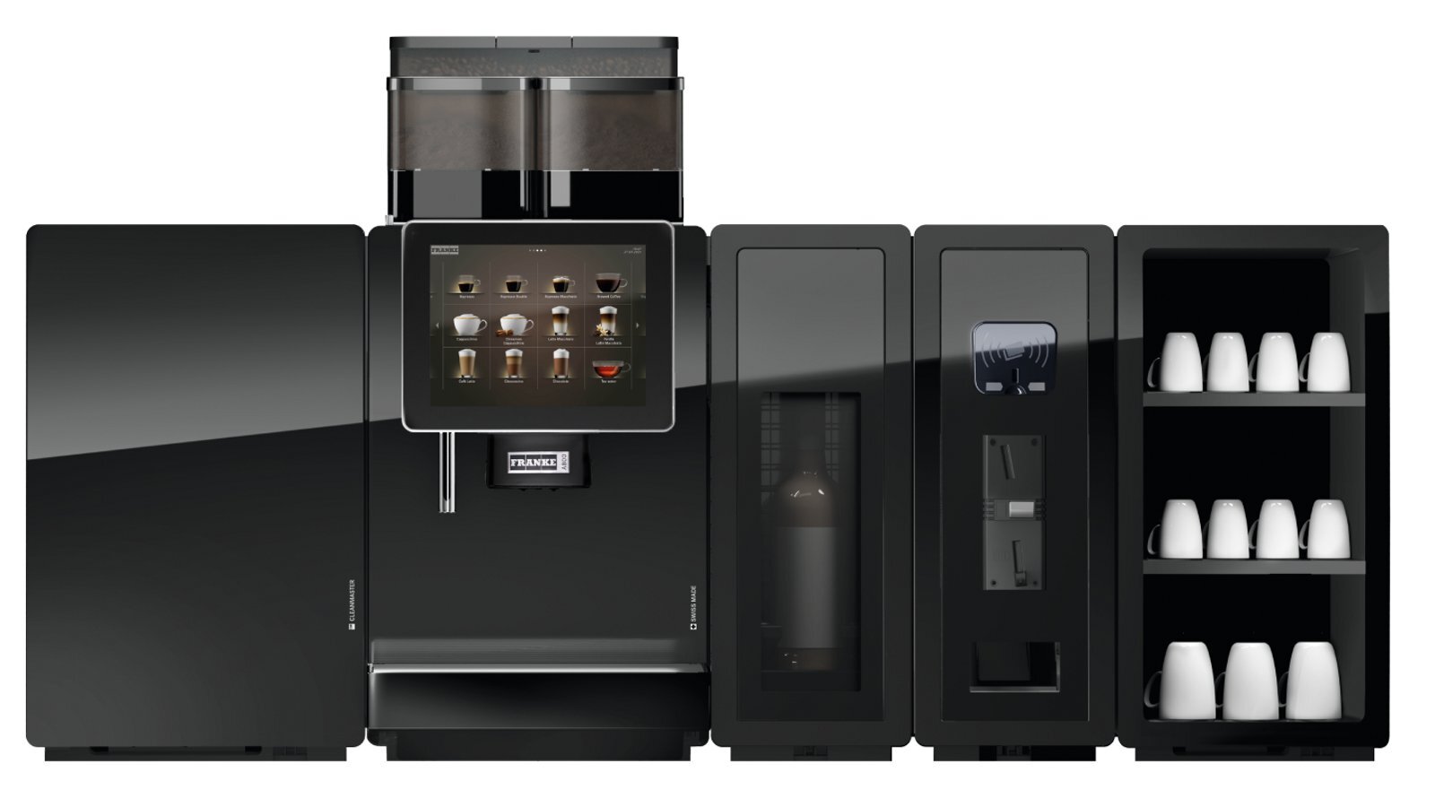 Franke Coffee Systems, fully automatic coffee machine A800 with fridge, flavor station, accounting system and cup warmer with white ceramic cups