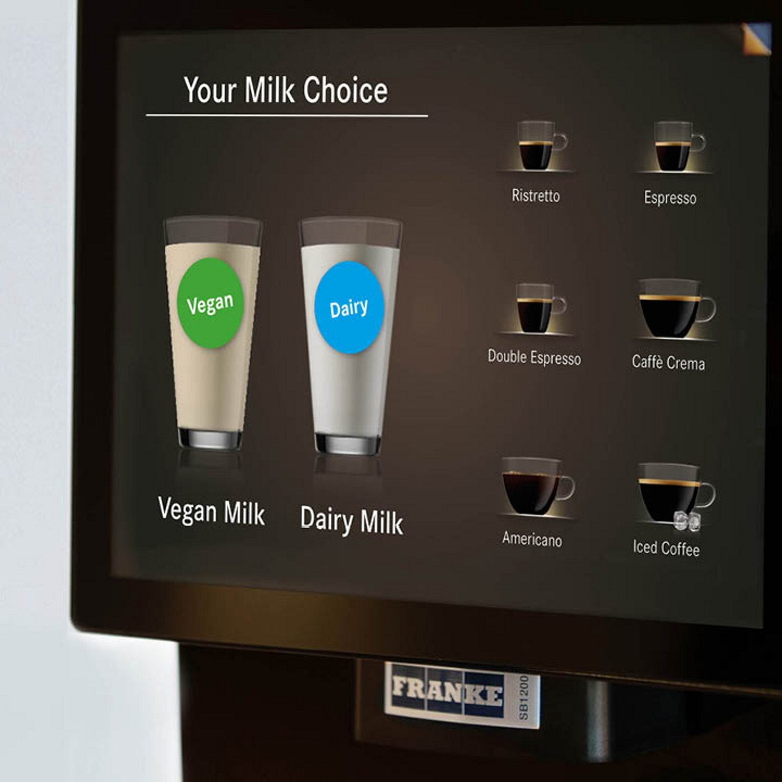 Franke Coffee Systems, coffee machine screen, dairy milk and oat milk choice