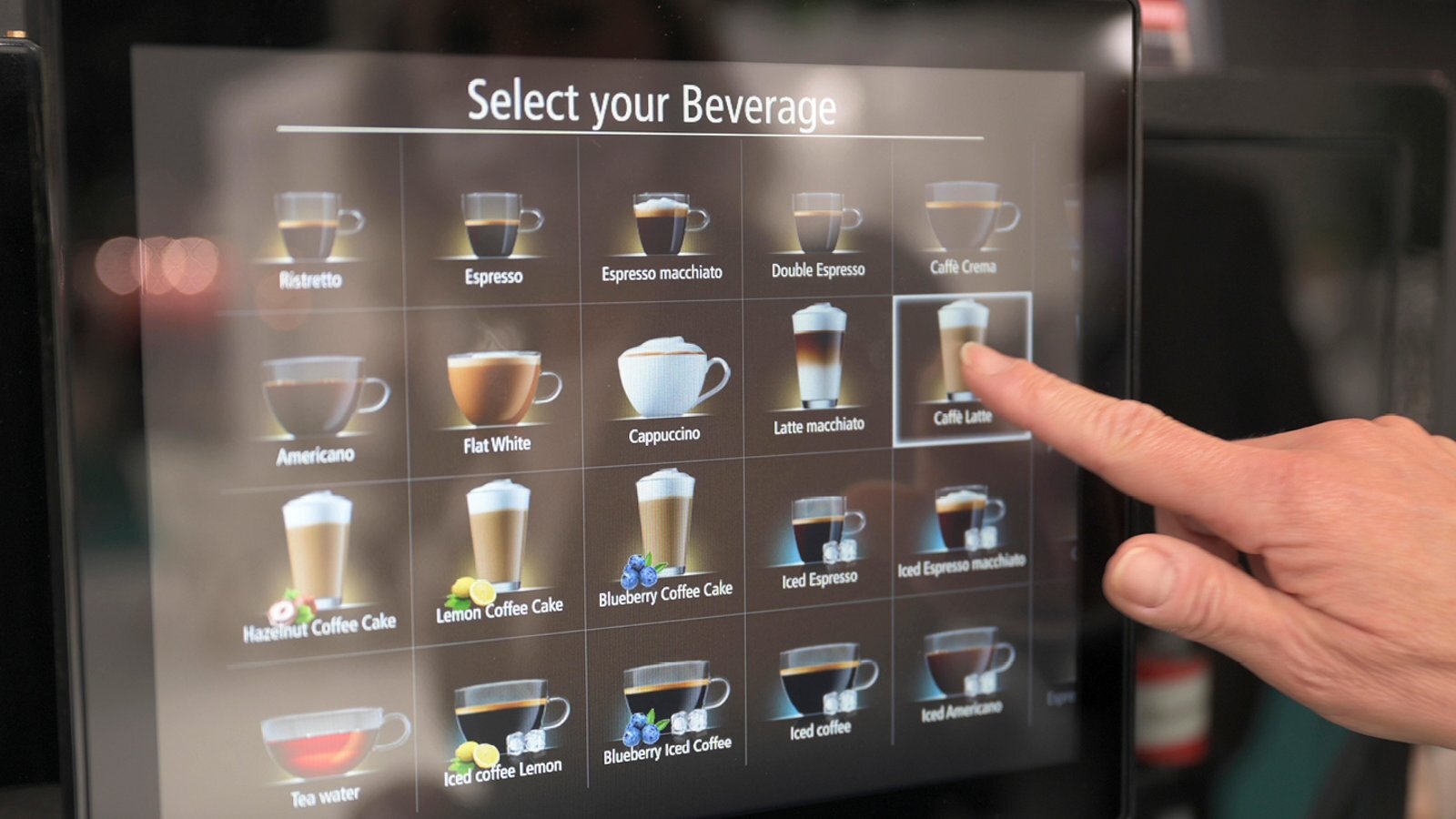 Franke Coffee Systems fully automatic coffee machine display screen showing beverage menu