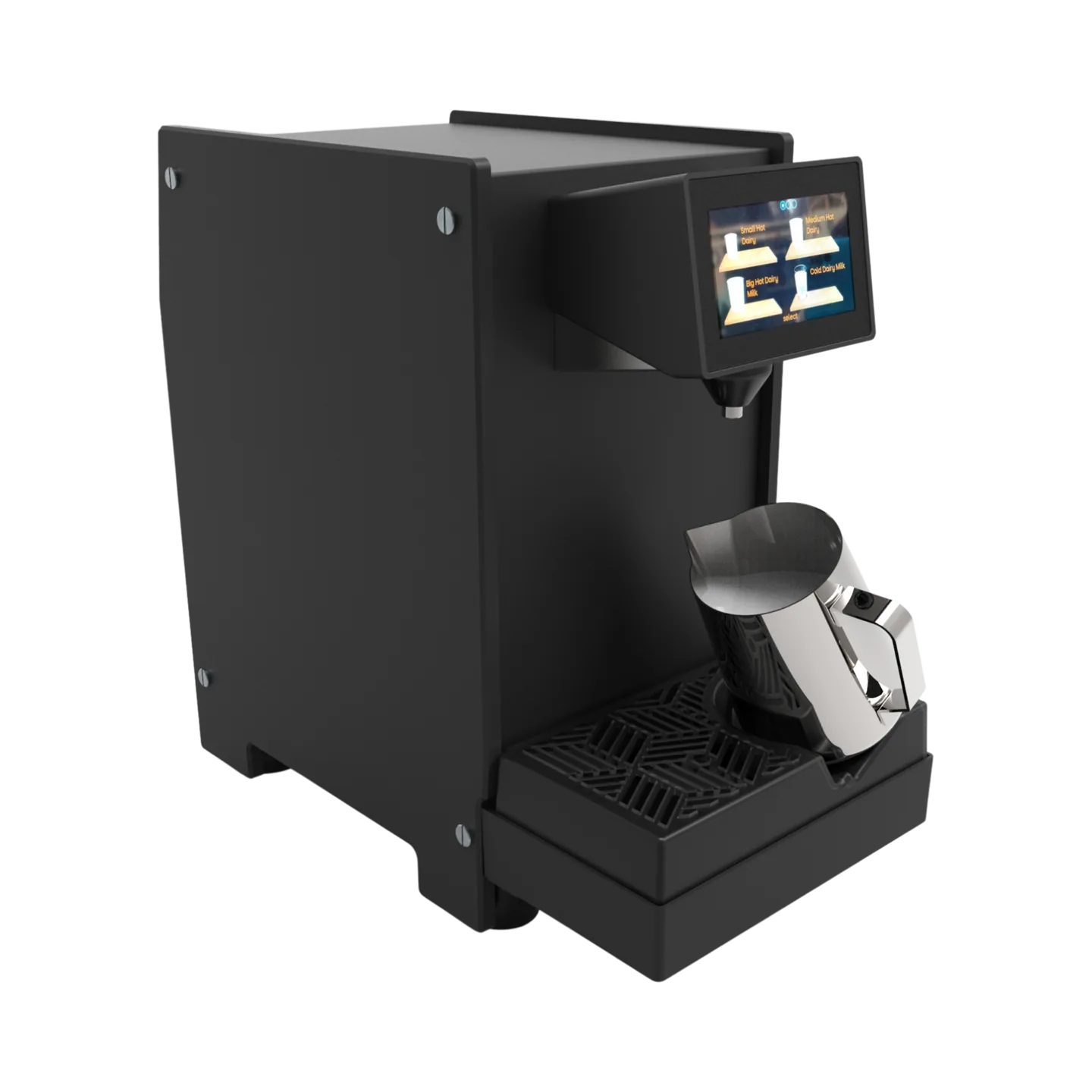 HeyMilky professioneller Induktions-Milchaufschäumer, Vorderansicht mit 4,3-Zoll-Touchscreen